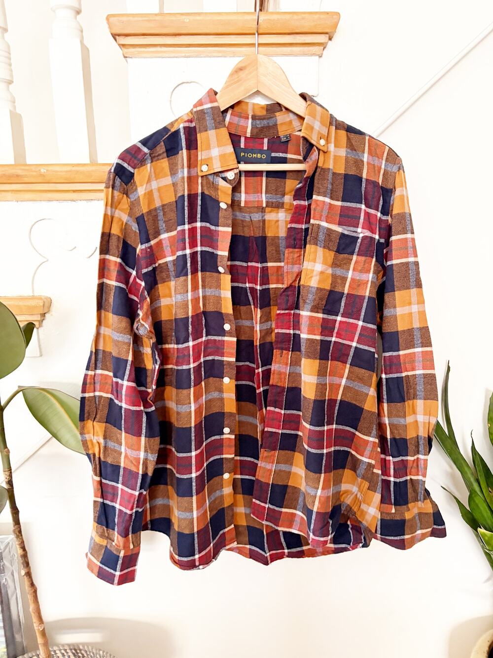 Piombo Women's Brown Burgundy Plaid Cotton Button-Down Shirt Size M